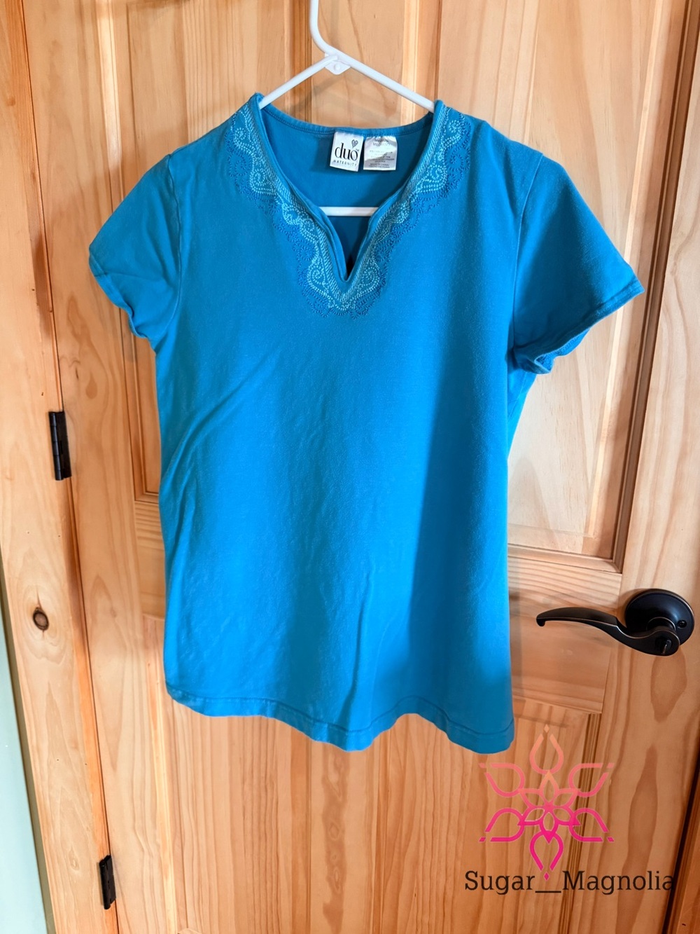 duo Maternity Teal Embroidered V‑Neck Short Sleeve Tee